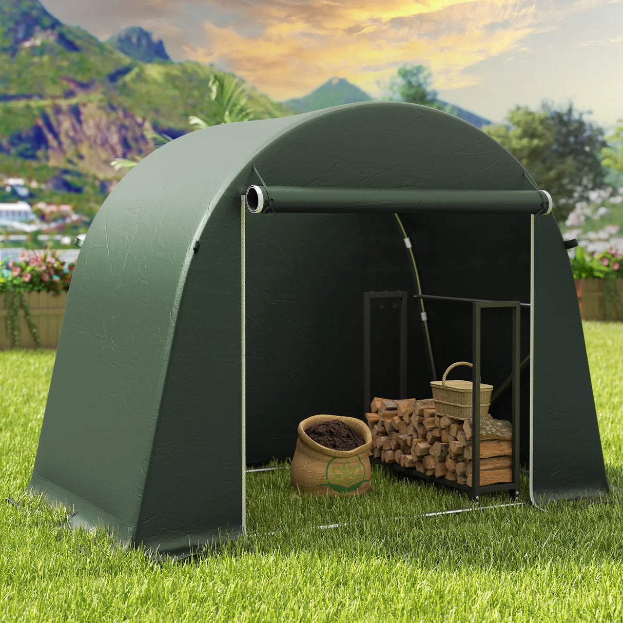 Outsunny 8 x 4 ft Garden Storage Tent, Waterproof Bike Tent with Roll-up Zipper Door and Galvanised Metal Frame, Green