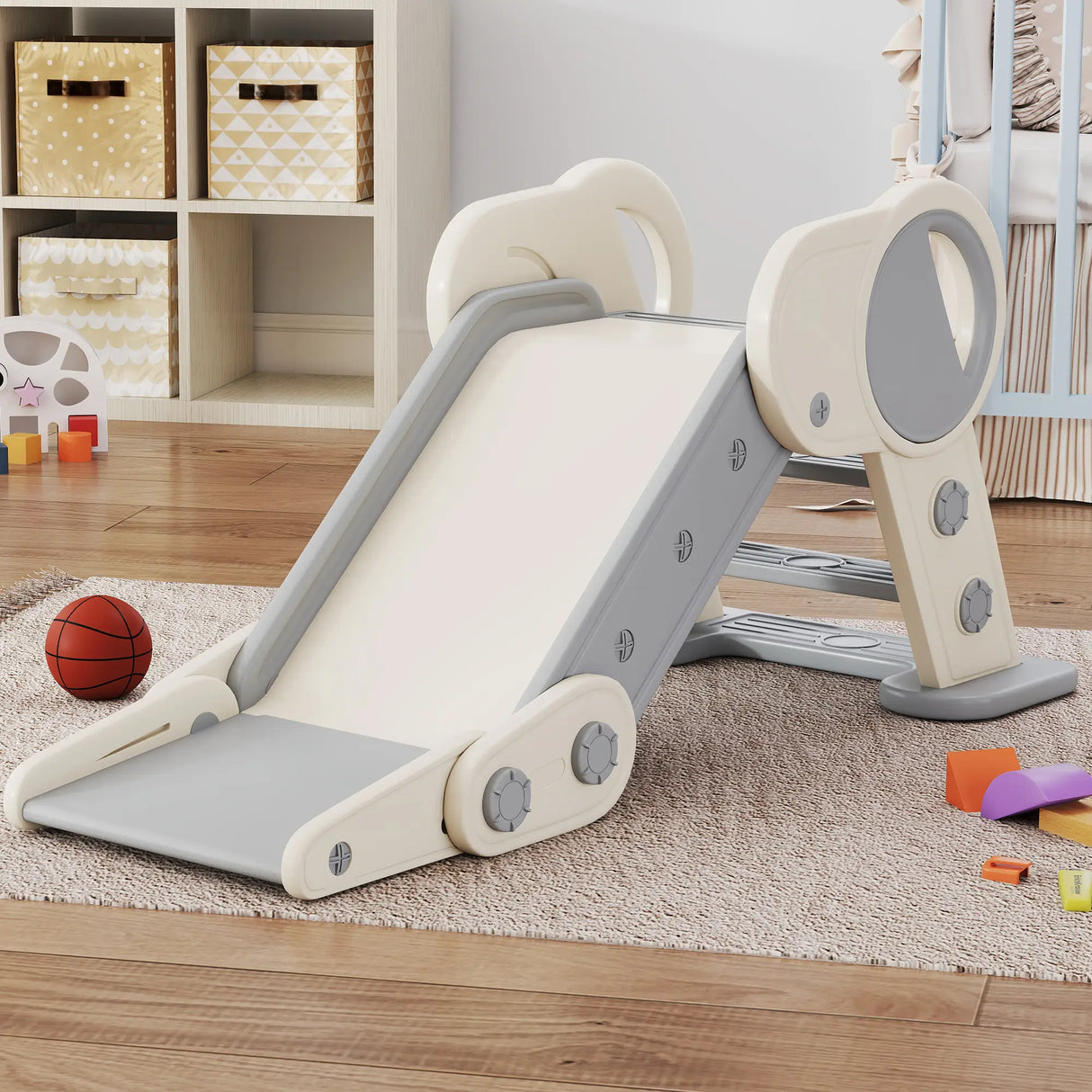 AIYAPLAY Foldable Kids Slide, Freestanding Baby Slide, for Ages 1.5-3 Years, Grey & Beige