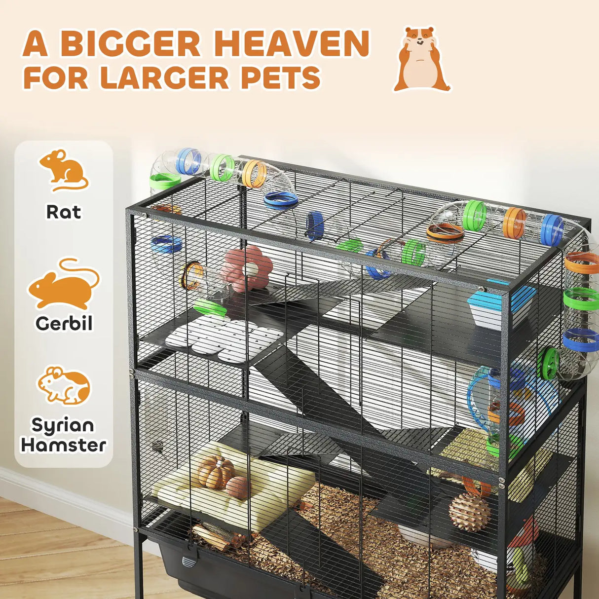 PawHut 5 Tier Large Hamster Cage on Wheels with 17 cm Deep Tray, Storage Shelf for Syrian, Gerbil, Rats