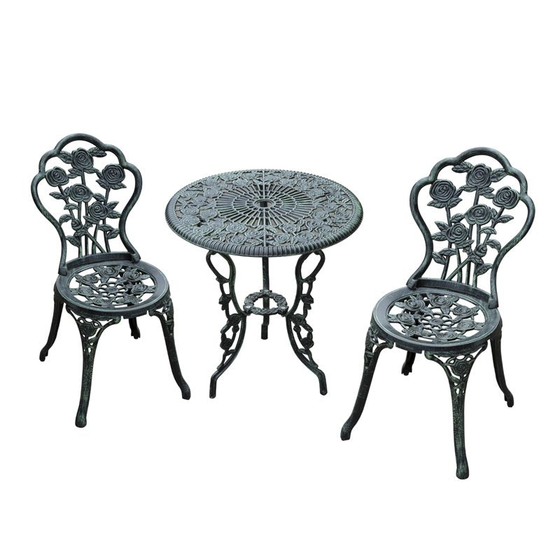 Outsunny Cast Aluminium Outdoor Patio Garden Bistro Elegant Design Table Chair Set - Green (3-Piece)