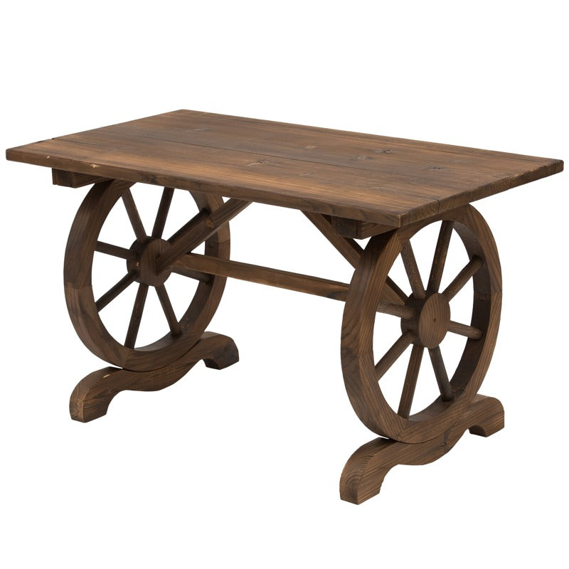 Outsunny Wooden Garden Dining Table, Wagon Wheel Outdoor Coffee Table with 3 cm Wood Top for Patio, Balcony, Terrace, 110 x 60 x 65 cm, Carbonised Finish