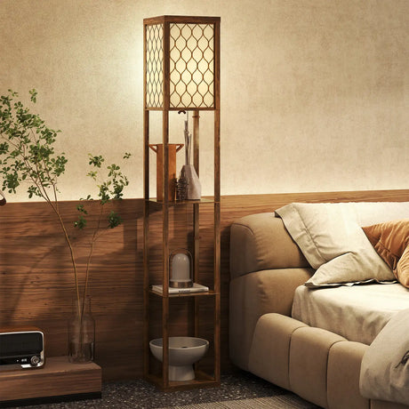 HOMCOM Three-Shelf Standing Lamp - Rustic Brown/White