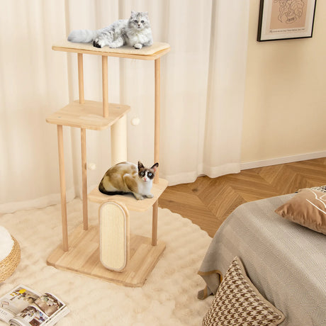 126CM Tall Cat Tower with Solid Oak and Beech Wood Frame
