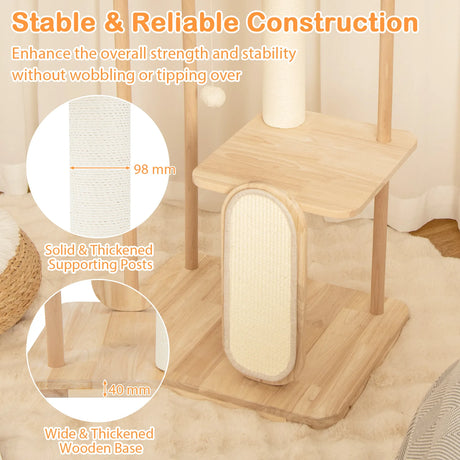 126CM Tall Cat Tower with Solid Oak and Beech Wood Frame