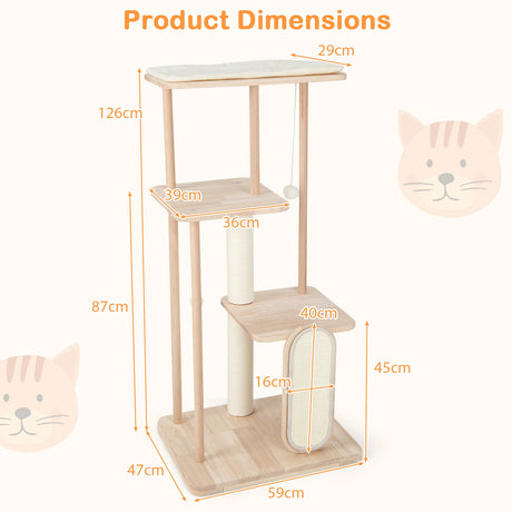 126CM Tall Cat Tower with Solid Oak and Beech Wood Frame