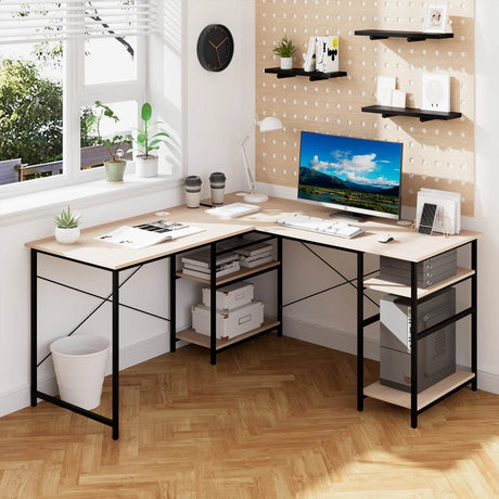 L Shaped Computer Desk with 4 Storage Shelves and Cable Holes-Natural