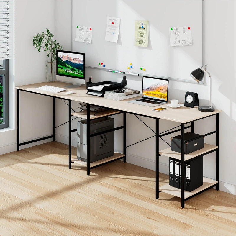 L Shaped Computer Desk with 4 Storage Shelves and Cable Holes-Natural
