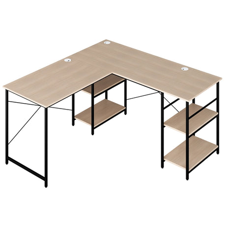 L Shaped Computer Desk with 4 Storage Shelves and Cable Holes-Natural