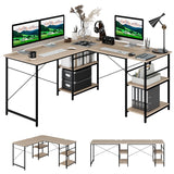 L Shaped Computer Desk with 4 Storage Shelves and Cable Holes-Natural