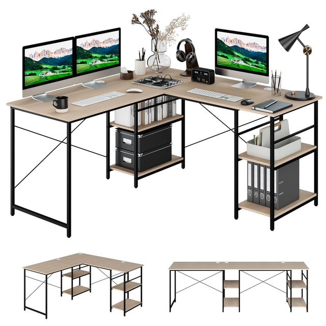 L Shaped Computer Desk with 4 Storage Shelves and Cable Holes-Natural