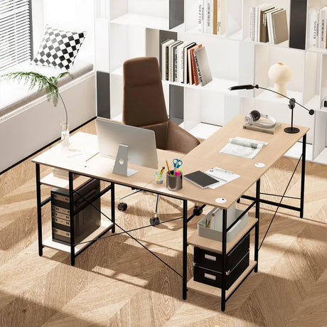 L Shaped Computer Desk with 4 Storage Shelves and Cable Holes-Natural