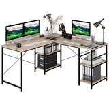 L Shaped Computer Desk with 4 Storage Shelves and Cable Holes-Natural