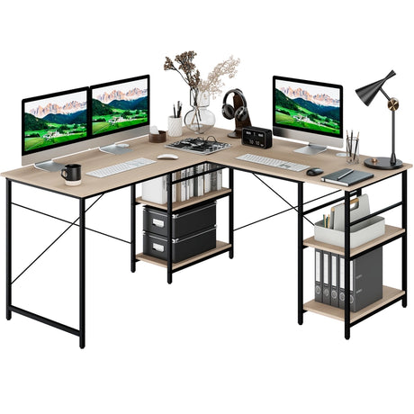 L Shaped Computer Desk with 4 Storage Shelves and Cable Holes-Natural