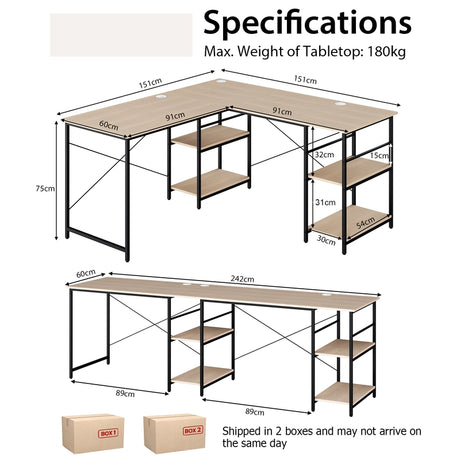 L Shaped Computer Desk with 4 Storage Shelves and Cable Holes-Natural