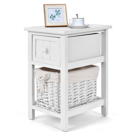 2 Tiers Wood Nightstand with 1 Drawer and 1 Baskets for Home-White