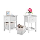 2 Tiers Wood Nightstand with 1 Drawer and 1 Baskets for Home-White