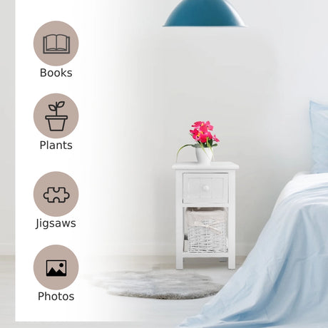 Wooden 2-Layer Bedside End Table Nightstand with Basket + Drawer