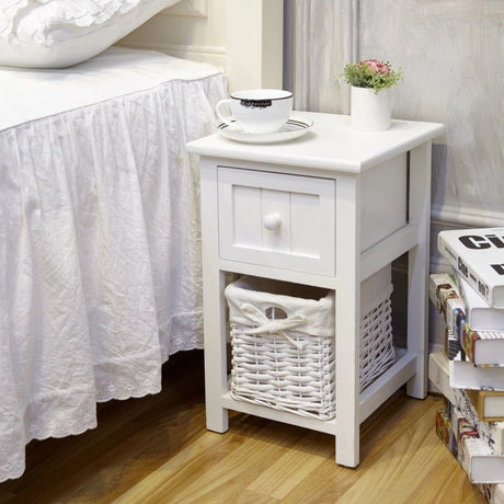 2 Tiers Wood Nightstand with 1 Drawer and 1 Baskets for Home-White