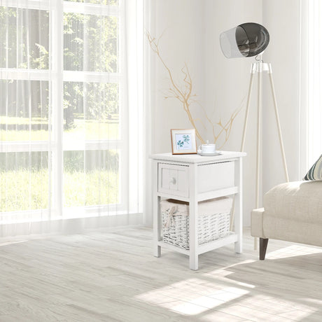 Wooden 2-Layer Bedside End Table Nightstand with Basket + Drawer