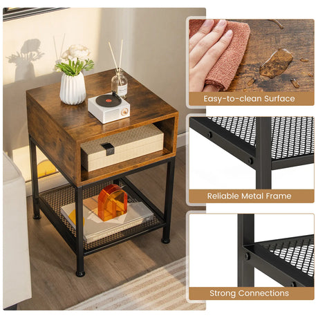 3-Tier Square End Table with Storage Cube and Mesh Shelf-Brown