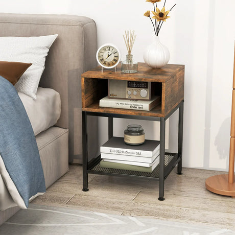 3-Tier Square End Table with Storage Cube and Mesh Shelf-Brown