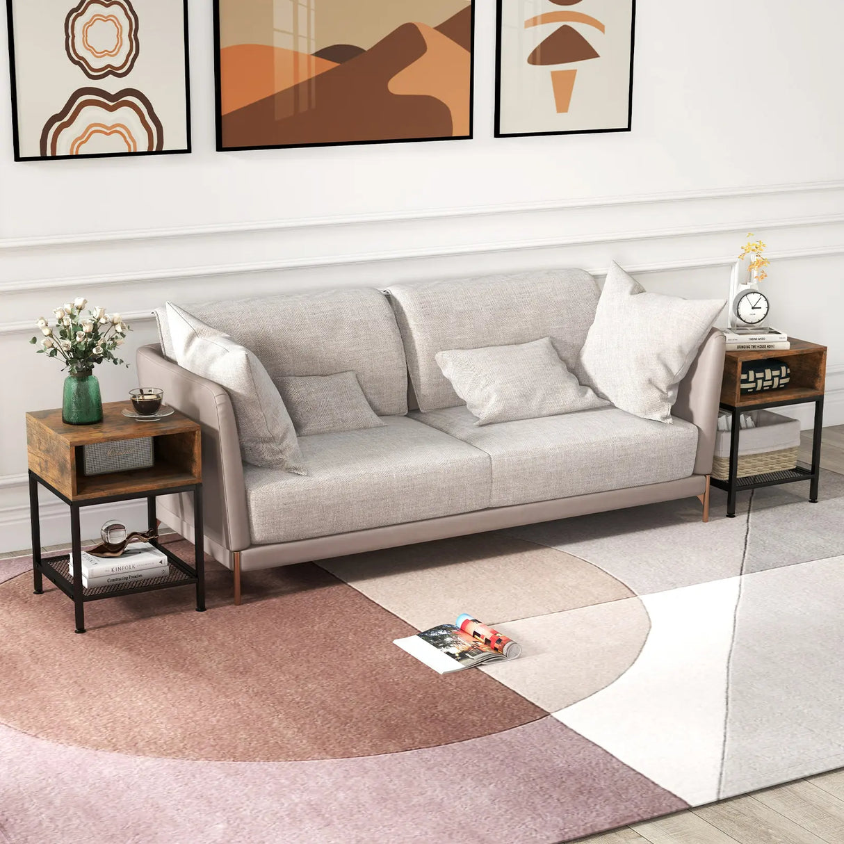 3-Tier Square End Table with Storage Cube and Mesh Shelf-Brown