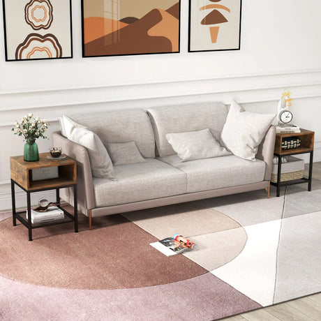 3-Tier Square End Table with Storage Cube and Mesh Shelf-Brown