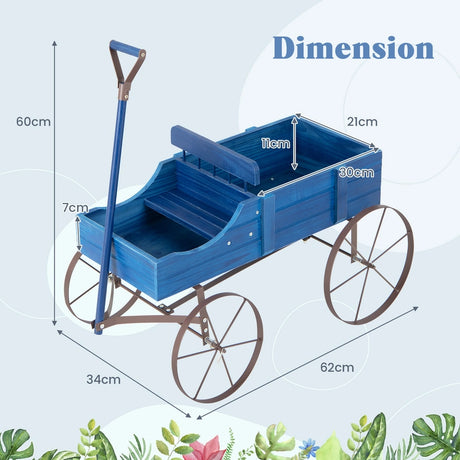 Wood Wagon Flower Planter with Wheels and 2 Planting Sections-Blue