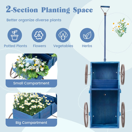 Wood Wagon Flower Planter with Wheels and 2 Planting Sections-Blue