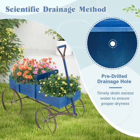 Wood Wagon Flower Planter with Wheels and 2 Planting Sections-Blue