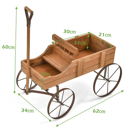 Wood Wagon Flower Planter with Wheels and 2 Planting Sections-Brown