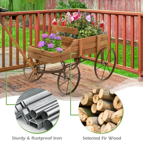 Wood Wagon Flower Planter with Wheels and 2 Planting Sections-Brown