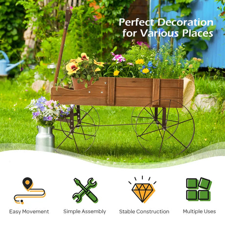 Wood Wagon Flower Planter with Wheels and 2 Planting Sections-Brown