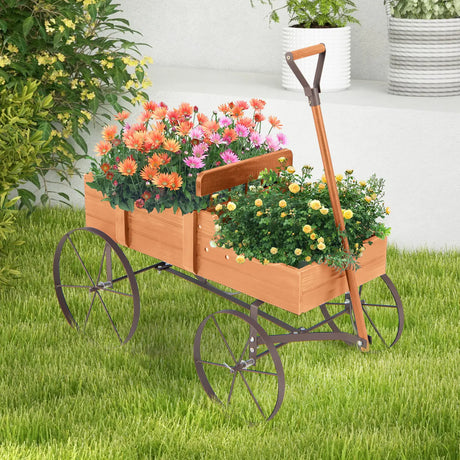 Flower stand wooden trolley plant trolley flower trolley with metal wheels 62 x 34 x 60 cm orange