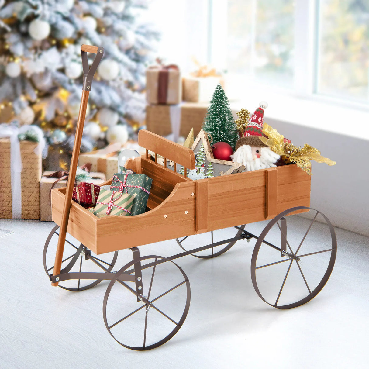 Flower stand wooden trolley plant trolley flower trolley with metal wheels 62 x 34 x 60 cm orange