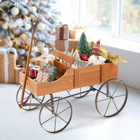 Flower stand wooden trolley plant trolley flower trolley with metal wheels 62 x 34 x 60 cm orange
