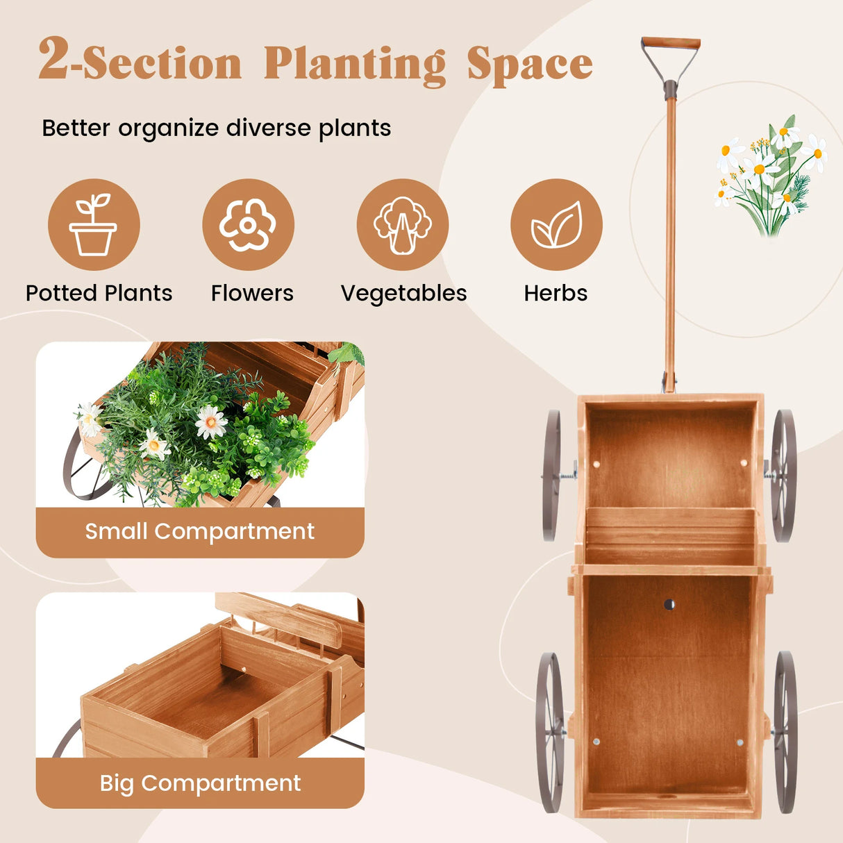 Flower stand wooden trolley plant trolley flower trolley with metal wheels 62 x 34 x 60 cm orange