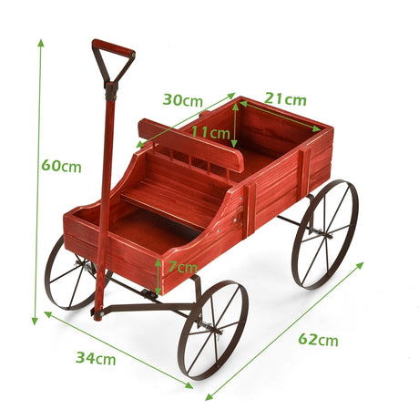 Wood Wagon Flower Planter with Wheels and 2 Planting Sections-Red