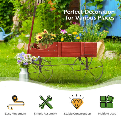Wood Wagon Flower Planter with Wheels and 2 Planting Sections-Red