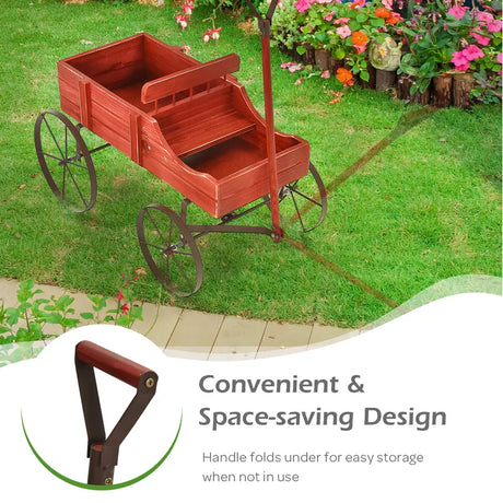 Wood Wagon Flower Planter with Wheels and 2 Planting Sections-Red