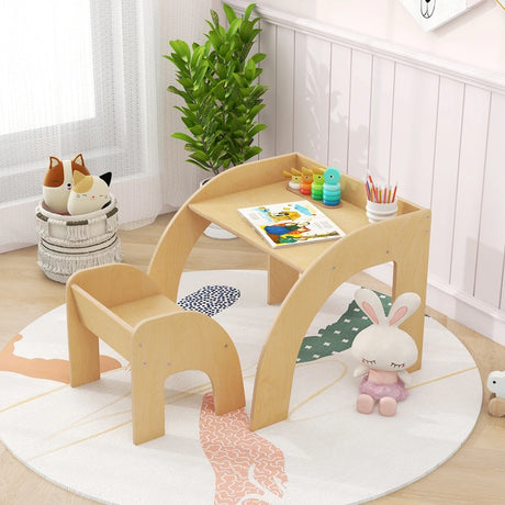 Kids Table and Chair Set with Wide Tabletop and Curved Edges for Kids Room-Natural