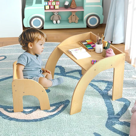 Kids Table and Chair Set with Wide Tabletop and Curved Edges for Kids Room-Natural
