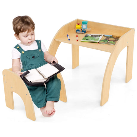 Kids Table and Chair Set with Wide Tabletop and Curved Edges for Kids Room-Natural
