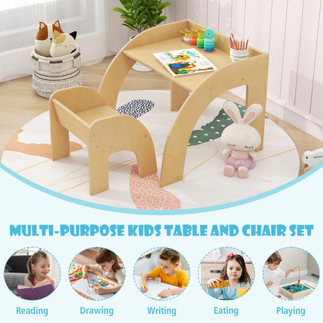 Kids Table and Chair Set with Wide Tabletop and Curved Edges for Kids Room-Natural