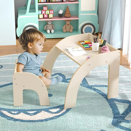 Kids Table and Chair Set with Wide Tabletop and Curved Edges for Kids Room-White