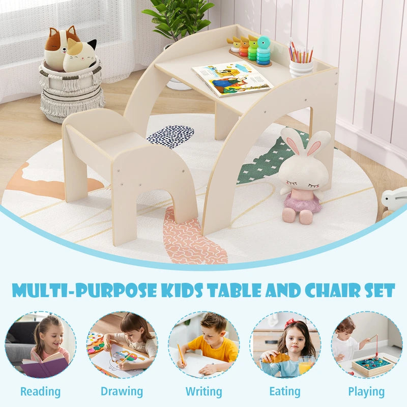 Kids Table and Chair Set with Wide Tabletop and Curved Edges for Kids Room-White