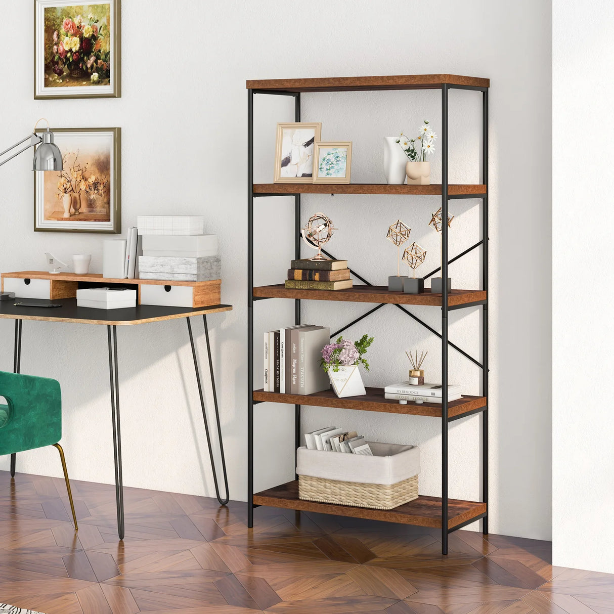 Multipurpose Open Bookcase Industrial Rack Wide Standing Storage Shelf-Brown