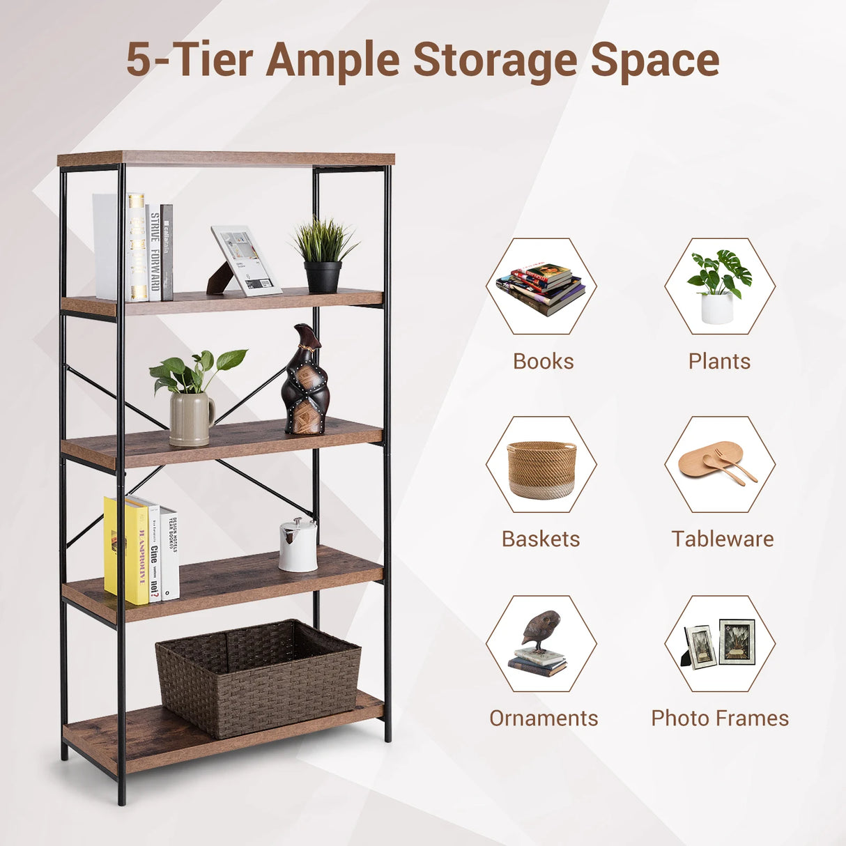 Multipurpose Open Bookcase Industrial Rack Wide Standing Storage Shelf-Brown