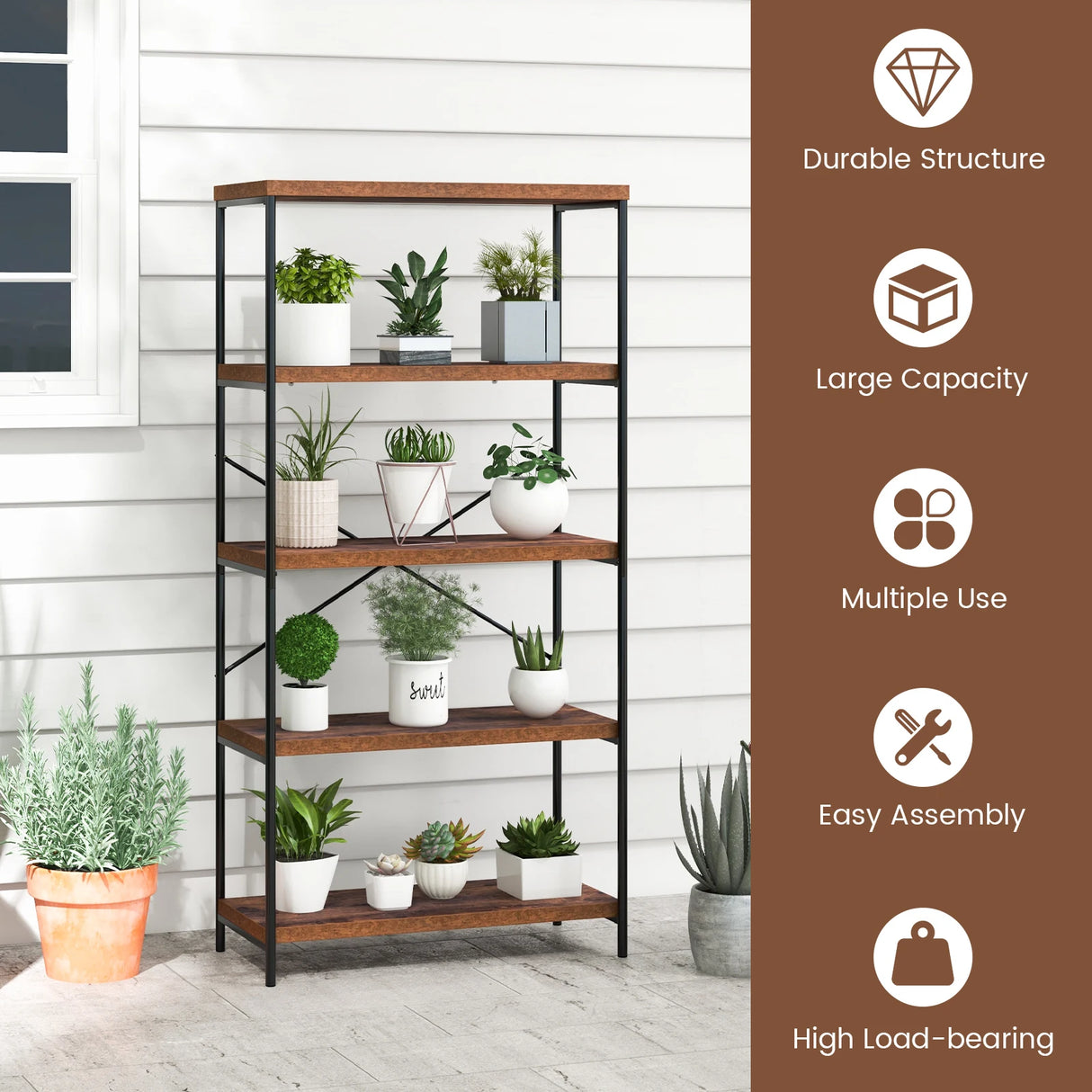 Multipurpose Open Bookcase Industrial Rack Wide Standing Storage Shelf-Brown
