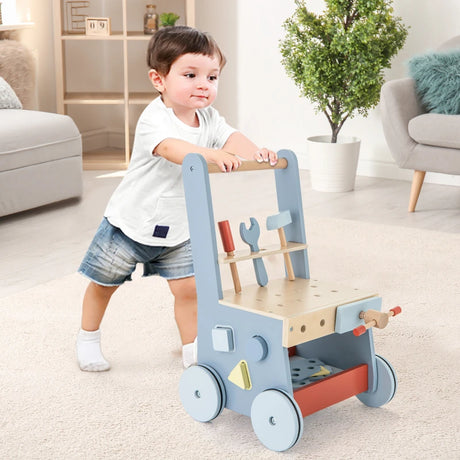 2 in 1 Toddler Wooden Baby Push Walker and Tool Toys with Bottom Storage